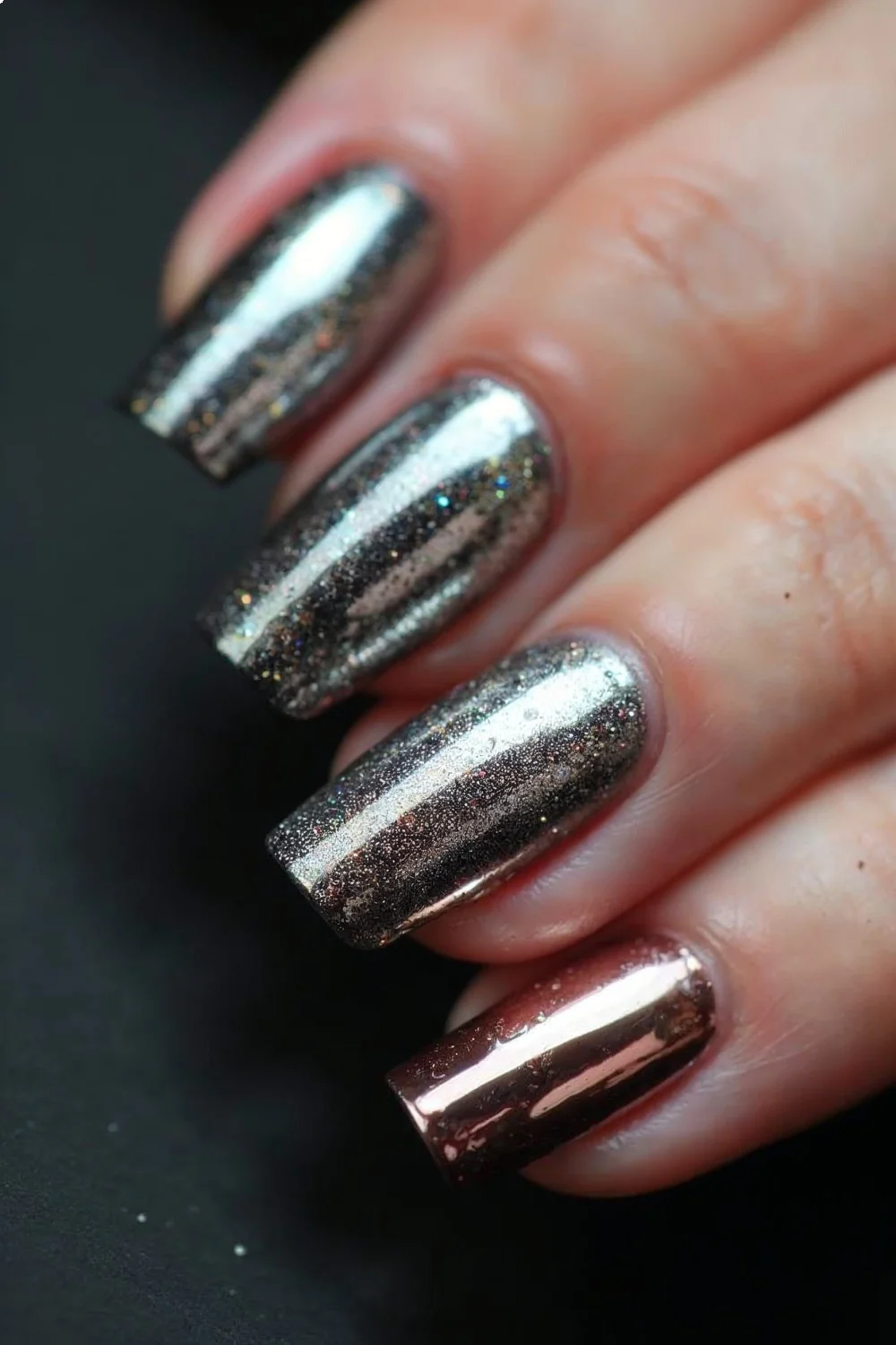 Close-up of three chrome nail designs on black gel base: classic silver, holographic multi-chrome, and rose gold, showcasing