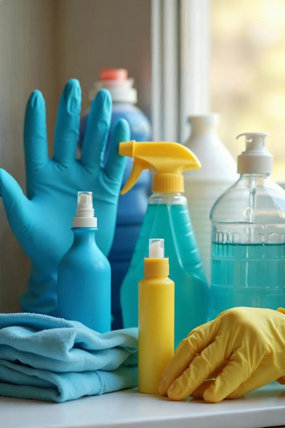 Collection of blue and yellow cleaning products with nitrile gloves and a yellow bottle, illustrating how to strengthen weak