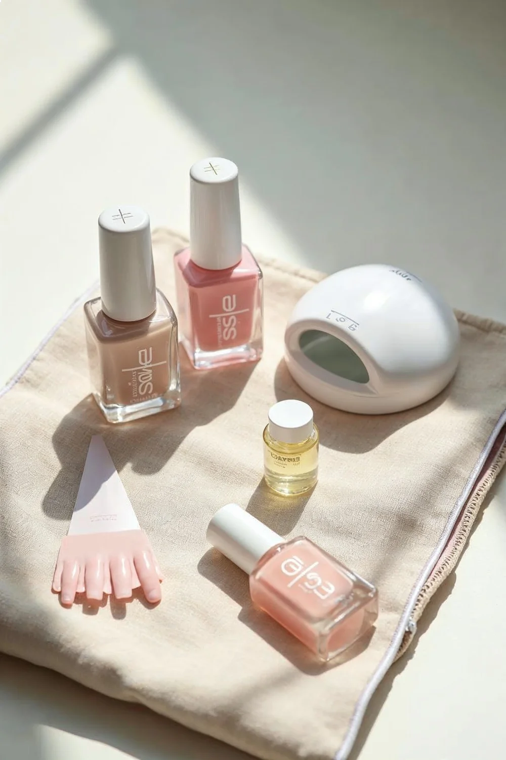 Flat lay of gel polish bottles in soft pink and nude, LED lamp, cuticle oil, and press-on nails on a travel pouch for...
![Flat lay of gel polish bottles in soft pink and nude, LED lamp, cuticle oil, and press-on nails on a travel pouch for vacatio
